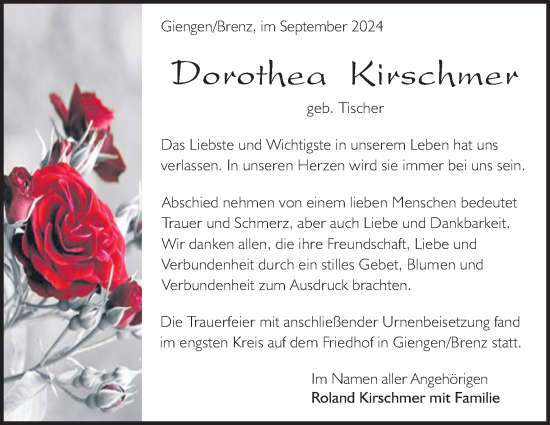 Traueranzeige von Dorothea Kirschmer von Heidenheimer Zeitung