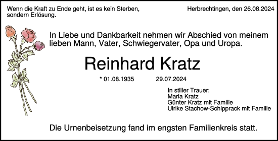 Traueranzeige von Reinhard Kratz von Heidenheimer Zeitung
