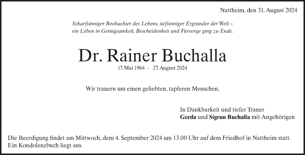  Traueranzeige für Rainer Buchalla vom 31.08.2024 aus Heidenheimer Zeitung