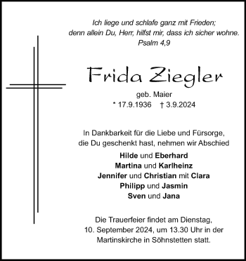 Traueranzeige von Frida Ziegler von Heidenheimer Zeitung