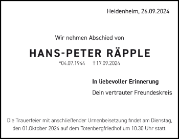 Traueranzeige von Hans-Peter Räpple von Heidenheimer Zeitung