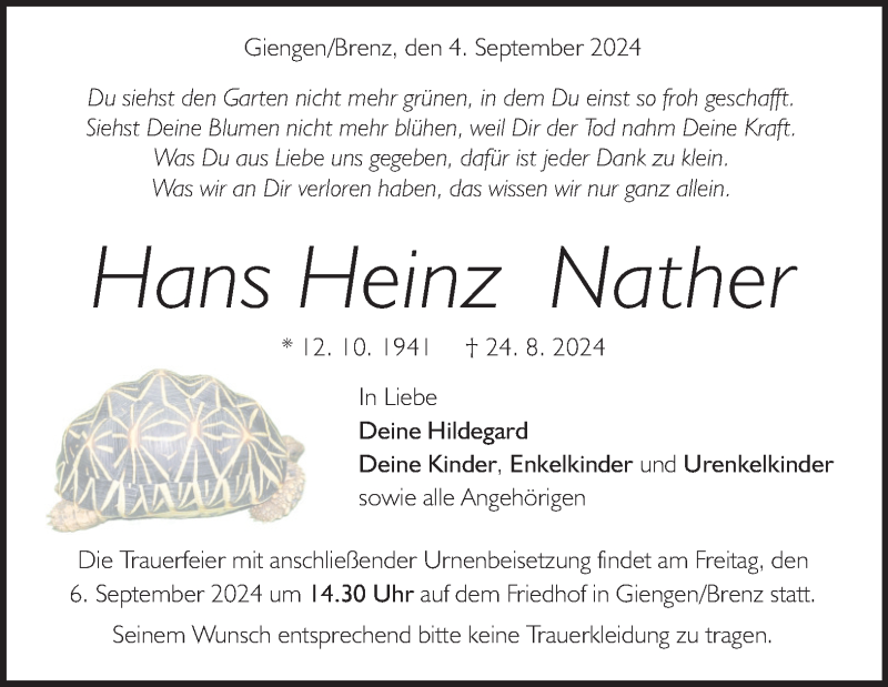  Traueranzeige für Hans Heinz Nather vom 04.09.2024 aus Heidenheimer Zeitung