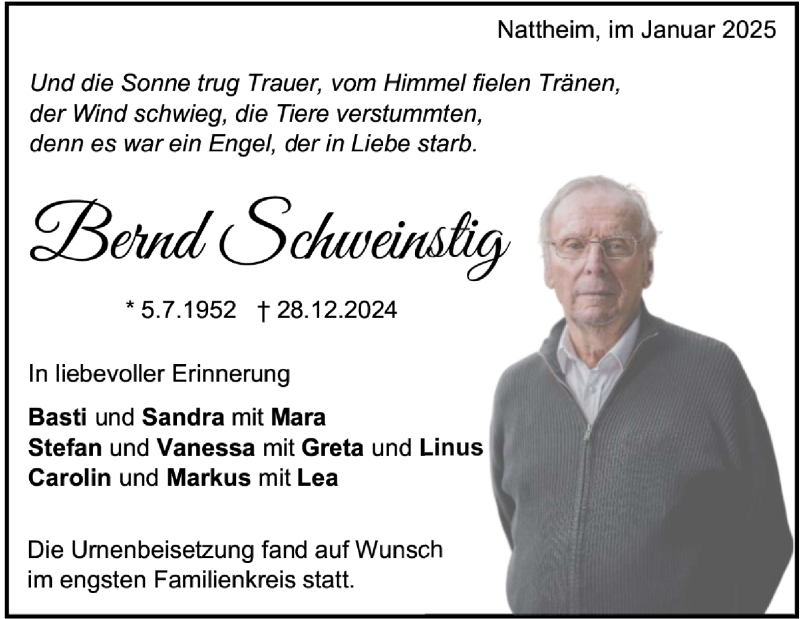  Traueranzeige für Bernd Schweinstig vom 25.01.2025 aus Heidenheimer Zeitung