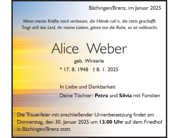 Traueranzeige von Alice Weber von Heidenheimer Zeitung