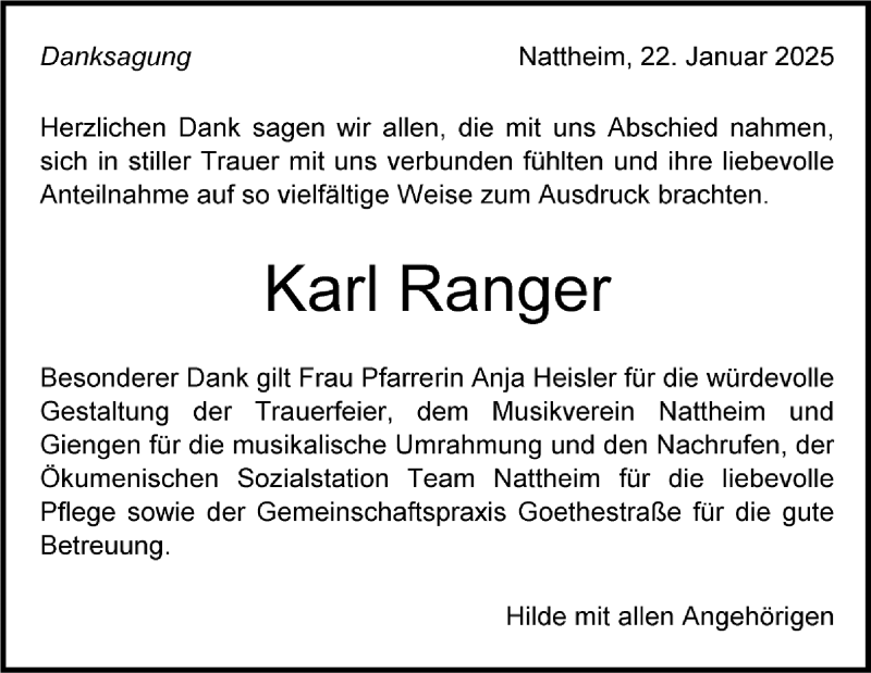  Traueranzeige für Karl Ranger vom 22.01.2025 aus Heidenheimer Zeitung