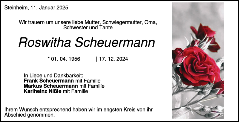  Traueranzeige für Roswitha Scheuermann vom 11.01.2025 aus Heidenheimer Zeitung