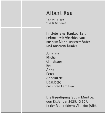 Traueranzeige von Albert Rau von Heidenheimer Zeitung