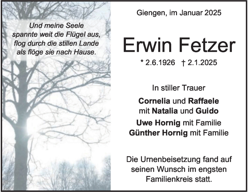 Traueranzeige für Erwin Fetzer vom 23.01.2025 aus Heidenheimer Zeitung