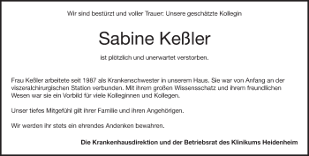 Traueranzeige von Sabine Theresia Keßler von Heidenheimer Zeitung