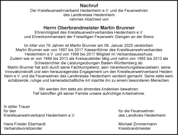 Traueranzeige von Martin Brunner von Heidenheimer Zeitung