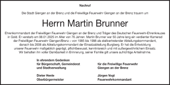 Traueranzeige von Martin Brunner von Heidenheimer Zeitung