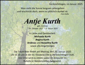 Traueranzeige von Antje Kurth von Heidenheimer Zeitung