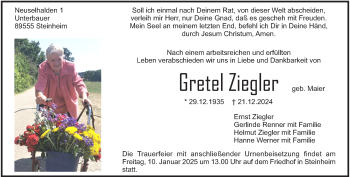 Traueranzeige von Gretel Ziegler von Heidenheimer Zeitung