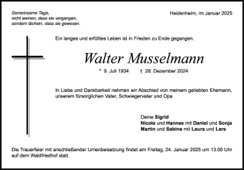 Traueranzeige von Walter Musselmann von Heidenheimer Zeitung