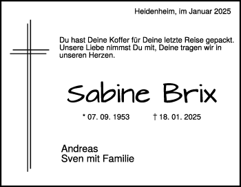 Traueranzeige von Sabine Brix von Heidenheimer Zeitung