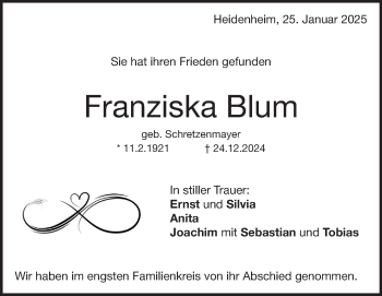 Traueranzeige von Franziska Blum von Heidenheimer Zeitung