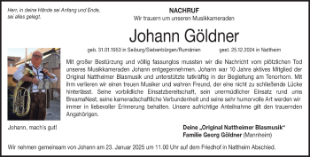Traueranzeige von Johann Göldner von Heidenheimer Zeitung
