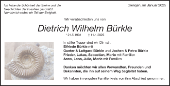 Traueranzeige von Dietrich Wilhelm Bürkle von Heidenheimer Zeitung