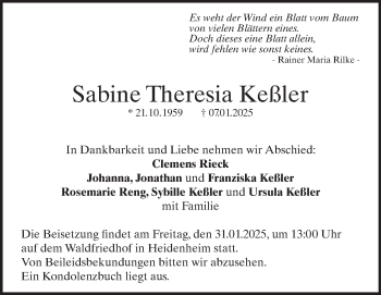 Traueranzeige von Sabine Theresia Keßler von Heidenheimer Zeitung