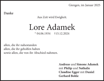 Traueranzeige von Lore Adamek von Heidenheimer Zeitung