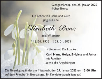 Traueranzeige von Elisabeth Benz von Heidenheimer Zeitung