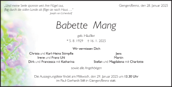 Traueranzeige von Babette Mang von Heidenheimer Zeitung