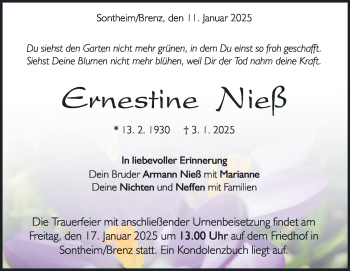 Traueranzeige von Ernestine Nieß von Heidenheimer Zeitung
