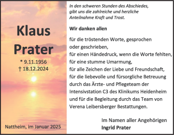 Traueranzeige von Klaus Prater von Heidenheimer Zeitung