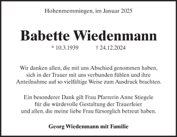 Traueranzeige von Babette Wiedenmann von Heidenheimer Zeitung