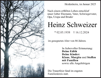 Traueranzeige von Heinz Schweizer von Heidenheimer Zeitung