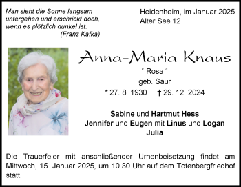 Traueranzeige von Anna Knaus von Heidenheimer Zeitung