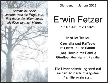 Traueranzeige von Erwin Fetzer von Heidenheimer Zeitung