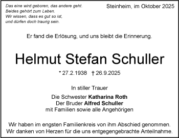 Traueranzeige von Helmut Stefan Schuller von Heidenheimer Zeitung