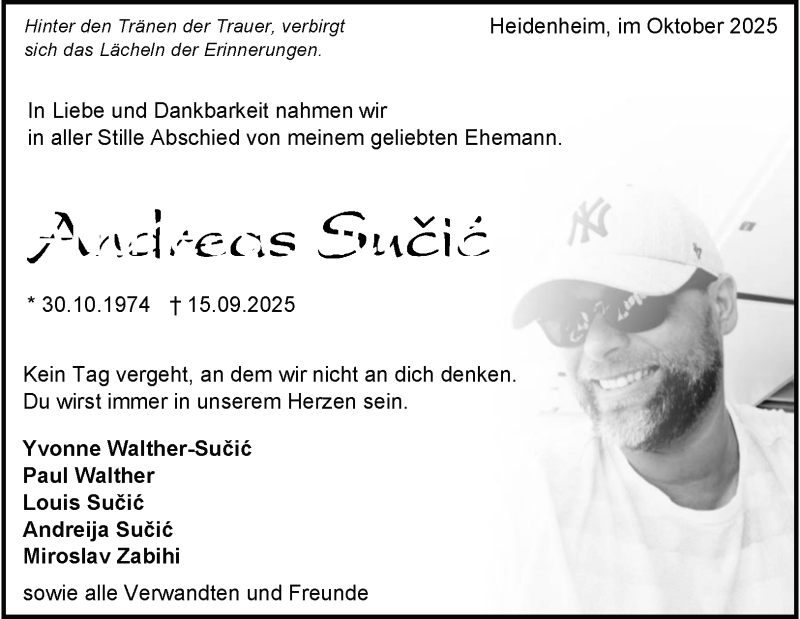  Traueranzeige für Andreas Sucic vom 08.10.2025 aus Heidenheimer Zeitung