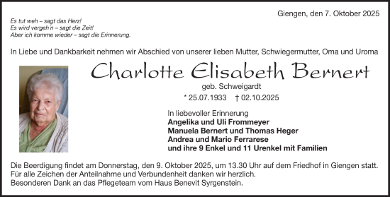 Traueranzeige von Charlotte Elisabeth Bernert  von Heidenheimer Zeitung