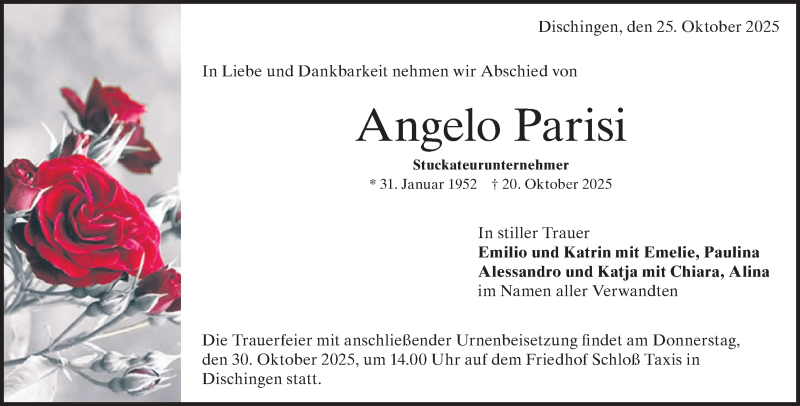  Traueranzeige für Angelo Parisi vom 25.10.2025 aus Heidenheimer Zeitung
