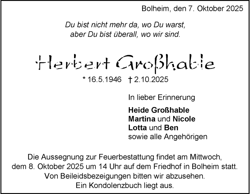  Traueranzeige für Herbert Großhable vom 07.10.2025 aus Heidenheimer Zeitung