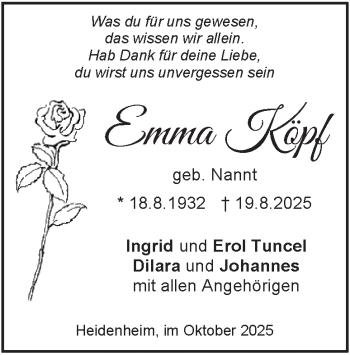 Traueranzeige von Emma Köpf von Heidenheimer Zeitung