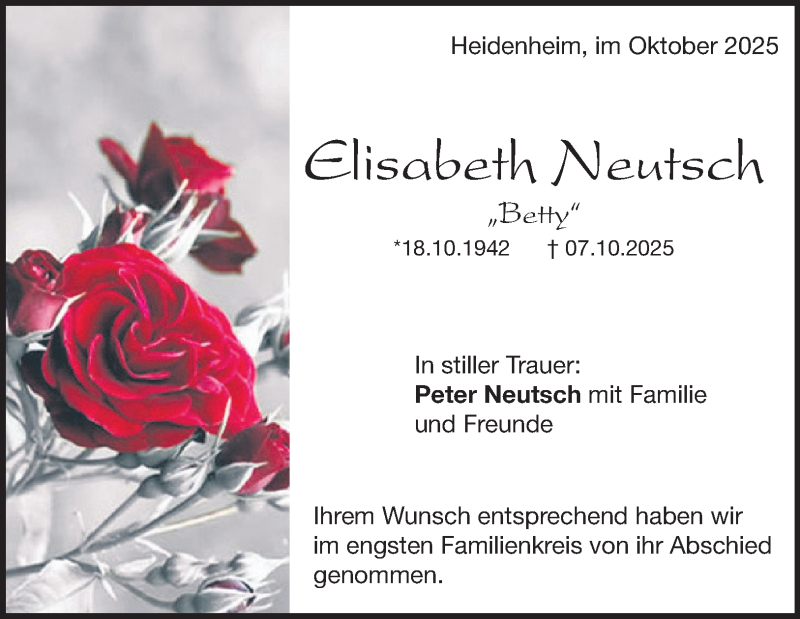  Traueranzeige für Elisabeth Neutsch vom 18.10.2025 aus Heidenheimer Zeitung