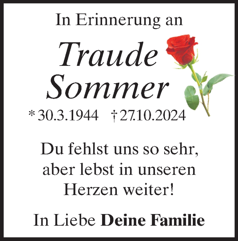  Traueranzeige für Traude Sommer vom 27.10.2025 aus Heidenheimer Zeitung