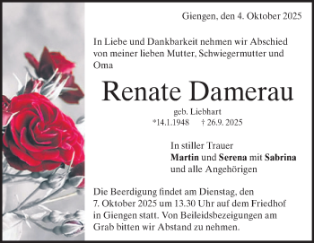 Traueranzeige von Renate Damerau von Heidenheimer Zeitung