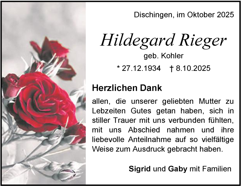  Traueranzeige für Hildegard Rieger vom 25.10.2025 aus Heidenheimer Zeitung