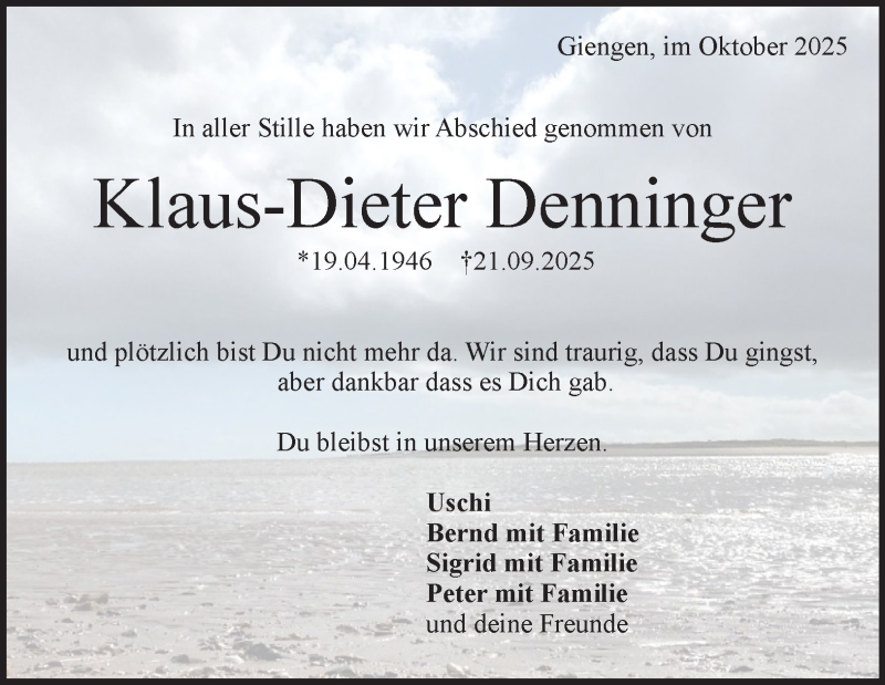  Traueranzeige für Klaus-Dieter Denninger vom 18.10.2025 aus Heidenheimer Zeitung