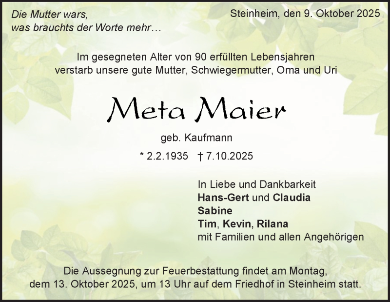  Traueranzeige für Meta Maier vom 09.10.2025 aus Heidenheimer Zeitung