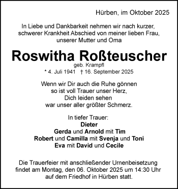 Traueranzeige von Roswitha Roßteuscher von Heidenheimer Zeitung