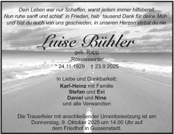 Traueranzeige von Luise Bühler von Heidenheimer Zeitung