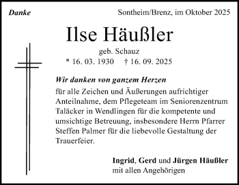 Traueranzeige von Ilse Häußler von Heidenheimer Zeitung