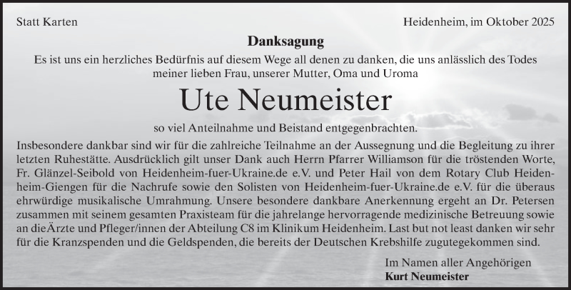  Traueranzeige für Ute Neumeister vom 10.10.2025 aus Heidenheimer Zeitung