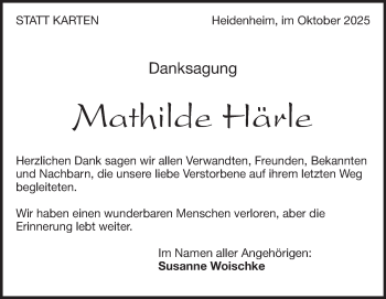 Traueranzeige von Mathilde Härle von Heidenheimer Zeitung