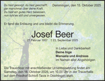 Traueranzeige von Josef Beer von Heidenheimer Zeitung